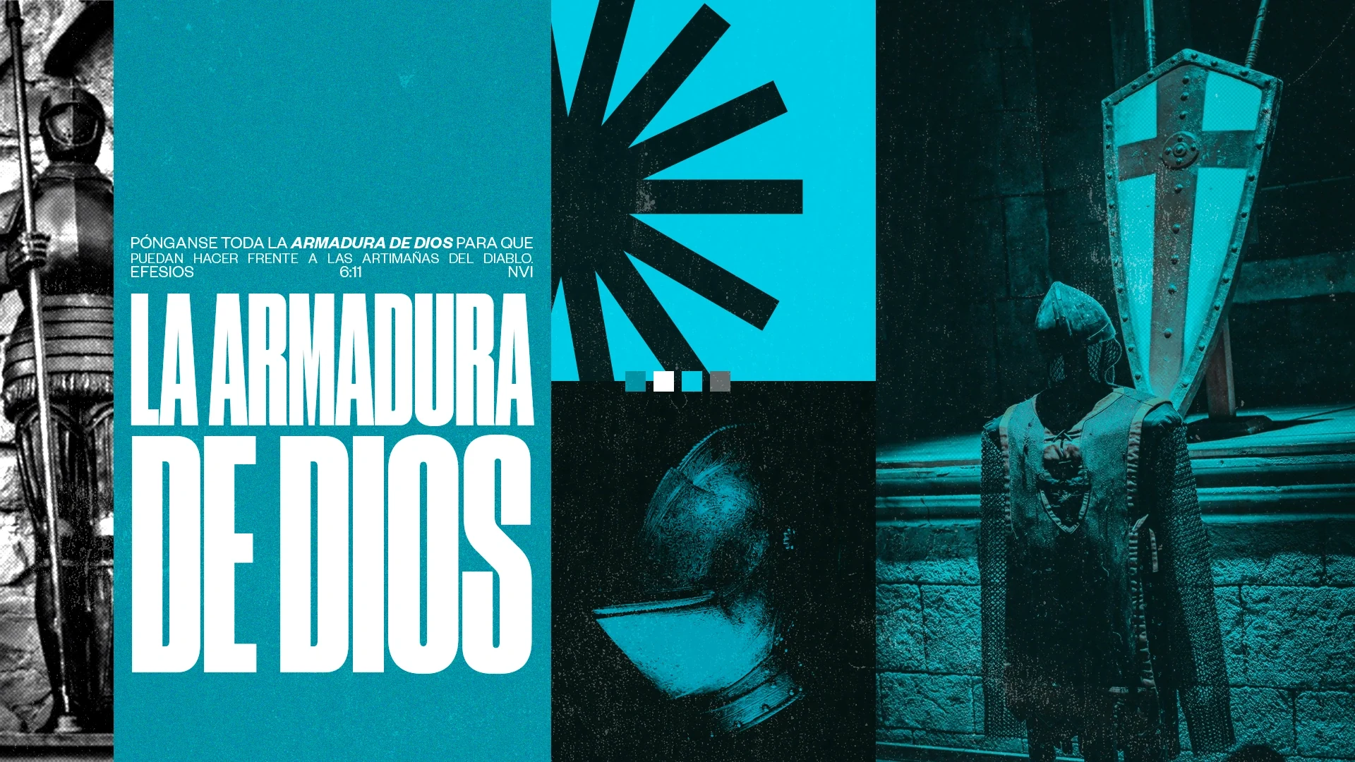 La armadura de Dios: escudo, armadura y bloques gráficos turquesa.