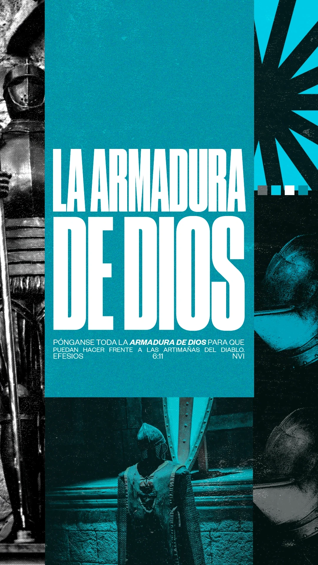Diseño vertical La armadura de Dios, con collage en tonos turquesa.