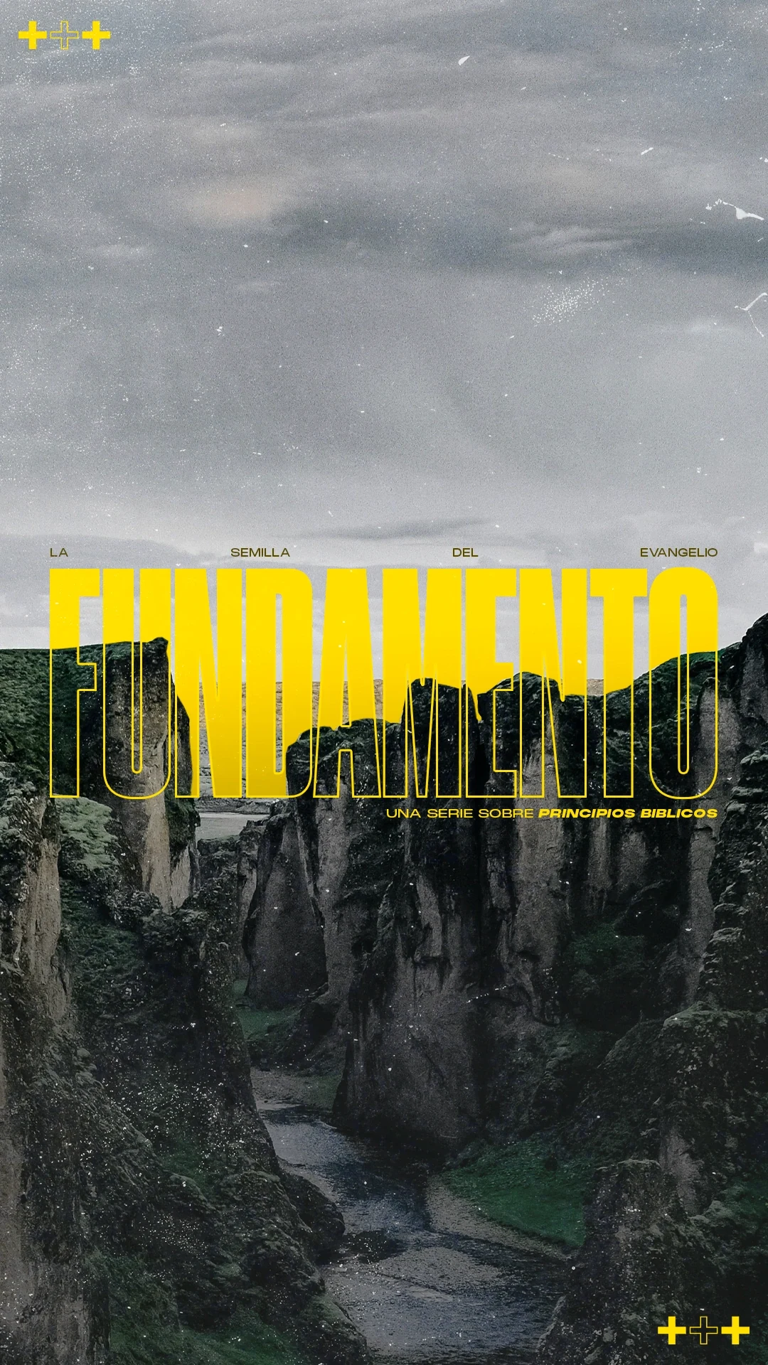 Diseño Fundamento, con montañas y tipografía amarilla.